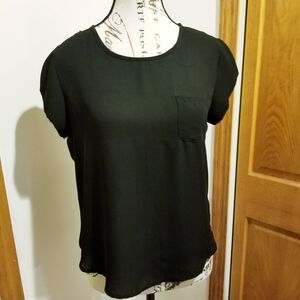 Trende Black Sheer Cap Sleeve Blouse Top Size Small Minimalist Chest Pocket